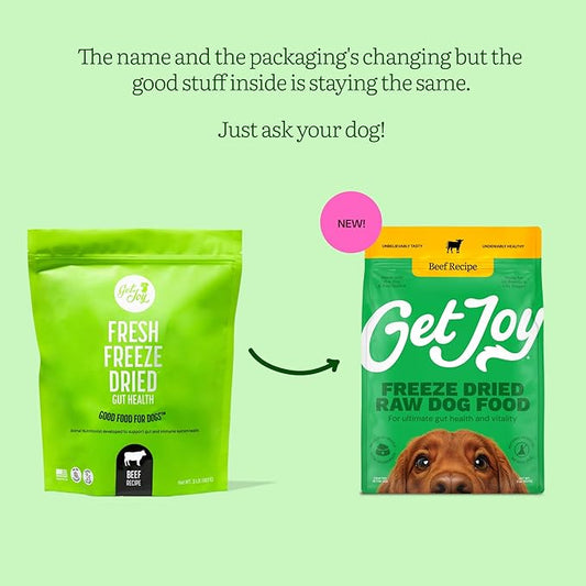 Get Joy Freeze Dried Raw Beef Dog Food, High Protein Grain Free Meal, Topper & Treat, Gut Health Support with Probiotics, Small to Large Breed, 16oz Bag