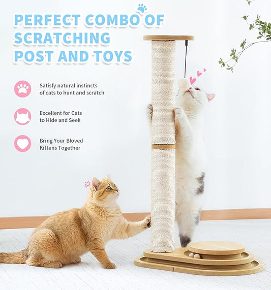 Made4Pets Cat Scratching Post Cat Scratcher Kitten Toys for Indoor Cats Wooden Ball Track Two-Layer Modern Sisal 32" Tall Scratch Post Interactive Toy with Dangling Ball Large Size