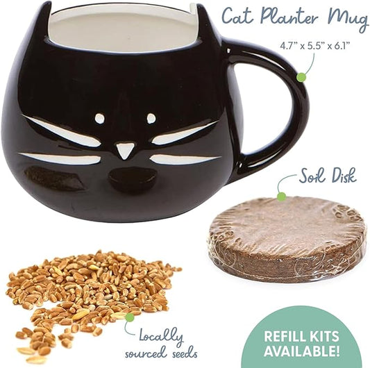 The Cat Ladies Organic Cat Grass for Indoor Cats - Growing Kit with Organic Seed Mix, Soil and Black Cat Planter. Natural Hairball Control and Digestion Remedy, Cat Gifts