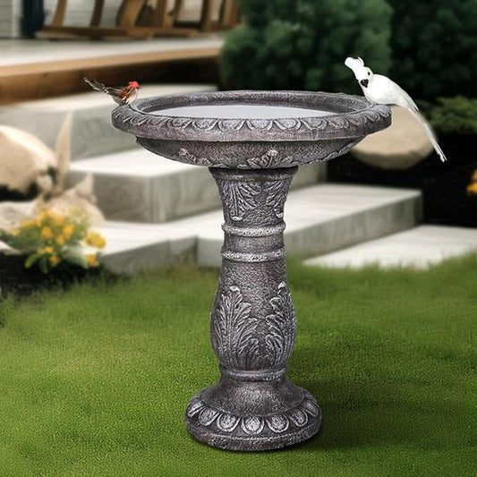 24.4" H Cement Bird Bath for Garden- Fibre Reinforced Concrete Bird Baths for Outdoors, Large Size Vintage Carved Pedestal Birdbath for Patio, Yard, Lawn -20”Dia. X 24.4”H Bird Fountain