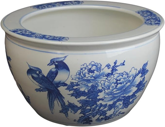 16" Porcelain Blue and White Fishbowl, Flowers Planter