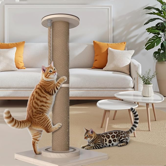 Cat Scratching Post, 32 Inch Tall Scratching Post for Indoor with Hemp Rope and Track Toy Ball Cat Scratcher for Medium and Large Cats