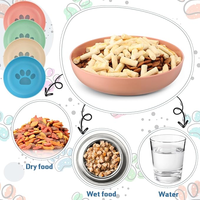 Tioncy 24 Pcs Fatigue Relief Cat Bowl 5.5 Inch Shallow Cat Food Dish Wide and Small Pet Wet Plate Wide Stray Wet Feeding Bowl for Ferrets Feral Short Legged Kitten, Wheat Straw(Four Color,Cute)
