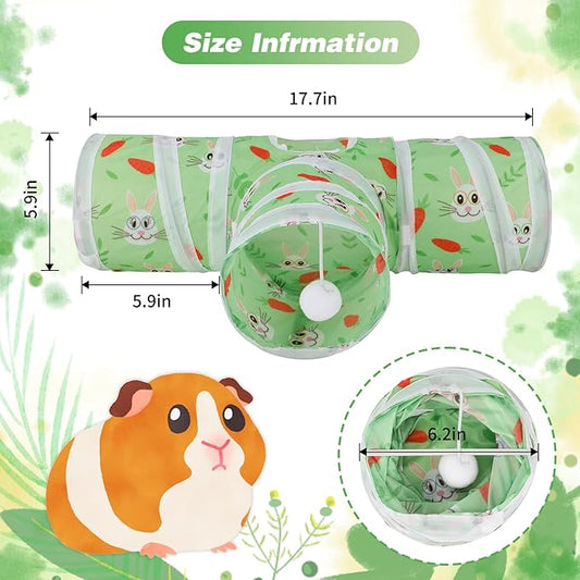 Rypet Guinea Pig Tunnel 3 Way Collapsible Small Pet Tunnels and Tubes with Interactive Ball for Baby Rabbit Ferret Hamster Chinchilla Hedgehog Hiding and Resting-Green