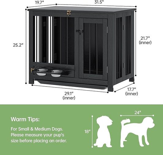 Dog Crate - 31.5" Wooden Dog Cage with Removable Tray & 360° Rotating Feeder | Decorative Dog Kennel Furniture Indoor | Multi-Functional End Table for Medium & Small Dogs | Black Portable Pet Crate