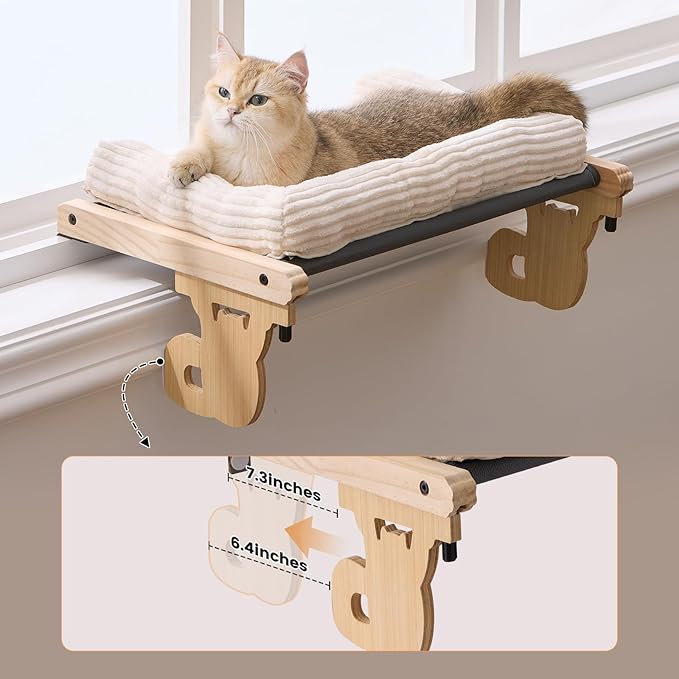 Gardner Pet Cat Window Perch, 2 in 1 Cat Hammock Window Sill Seat with Cushion, Adjustable Cat Bed for Window sill, Wood & Metal Frame for Large Cats(Beige)