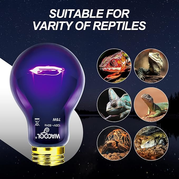 WACOOL 2Pack Reptile Night Heat Lamp, 75W Night Heat Lamp for Reptiles & Amphibians,Simulate Nature Moonlight Purple Night Light for Bearded Dragon Lizard Snake Crab