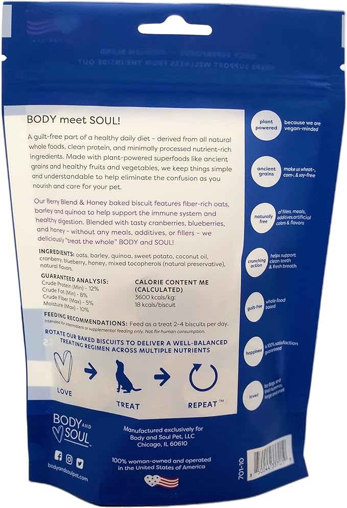 Body and Soul Berry Blend + Honey Dog Treats – Baked Superfood Biscuits with Oats, Barley & Quinoa –All-Natural, No Fillers – Crunchy Daily Dog Treats, Made in USA, 10oz