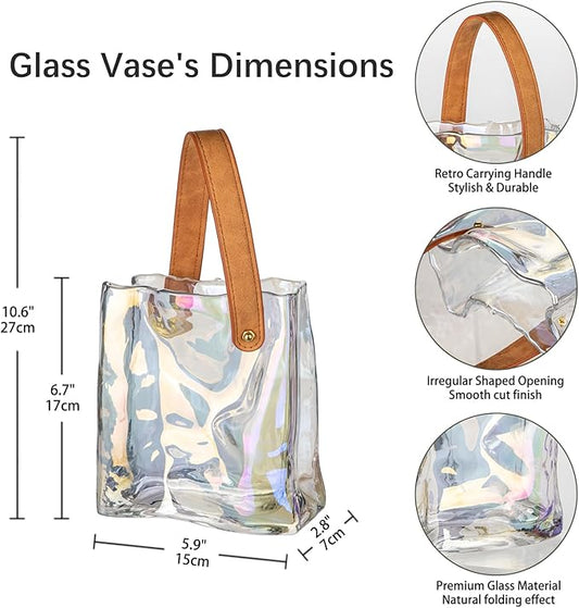 Glass Purse Vase for Flowers Iridescent Vases for Centerpieces Glass Bag Vase with Leather Handle Small Handbag Vases for Decor Decorative Fish Bowl for Home Wedding Decor