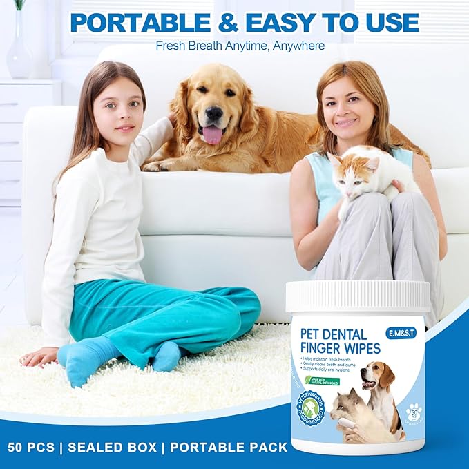 Dog Dental Finger Wipes, Teeth Cleaning Wipes for Dogs & Cats, Remove Plaque Tartar Stains, Freshen Breath, No-Rinse Toothbrush Alternative, Cat Dental Care Formula, Toothbrush-Like Texture, 50 Count