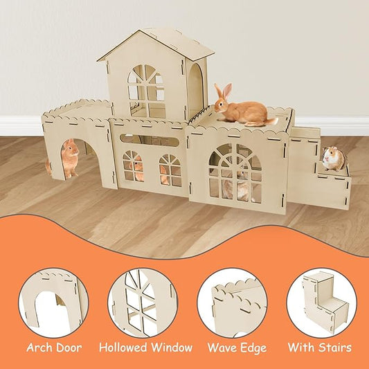 YUEPET Extra Large Wooden Bunny Castle, Ventilated Rabbit Castle Hideaway with Stairs, Detachable Small Animal Hideout & Habitats for Indoor Outdoor Dwarf Rabbits Bunnies to Hide & Play