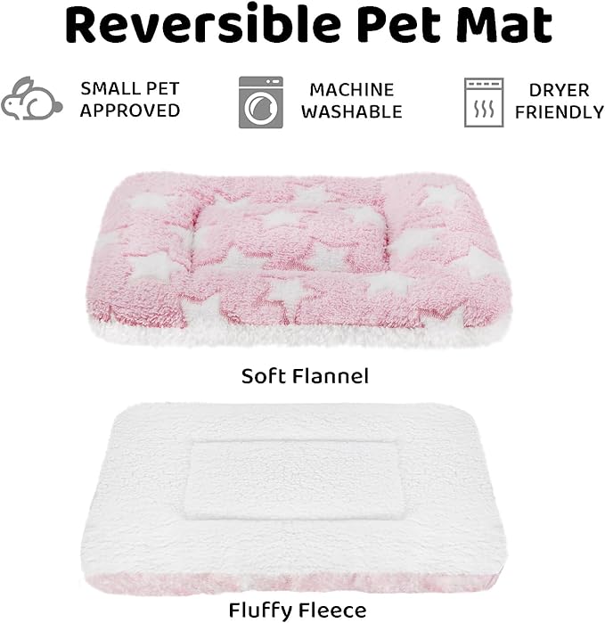 Amakunft 2 Pcs Guinea Pig Bed Mat Washable, Rabbit Winter Bed Pad for Indoor, Warm Small Animal Bed Mattres, Fleece Sleeping Pad for Bunny, Rat, Hedgehog, Sugar Glider, Chinchilla (Pink Star, Large)
