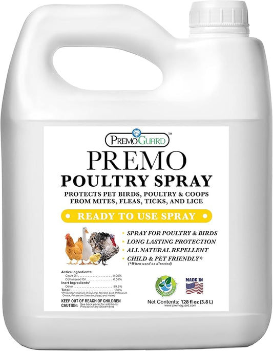 Premo Guard Poultry Spray - 128 oz - Kill Scaly Leg, Mites, Fleas, Lice, & Other Pest on Chickens and in Coops - Natural Plant Based Oils for Control, & Prevention - Family Safe with No Egg Withdrawl