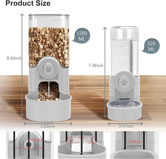 Hanging Cage Automatic Food Water Dispenser, Auto Gravity 1.2L Self-Feeding Feeder and 0.52L Waterer Set, Crate Auto Feeder Dish for Puppy Cats Ferret Bunny Guinea Pig Small Pets (Grey)