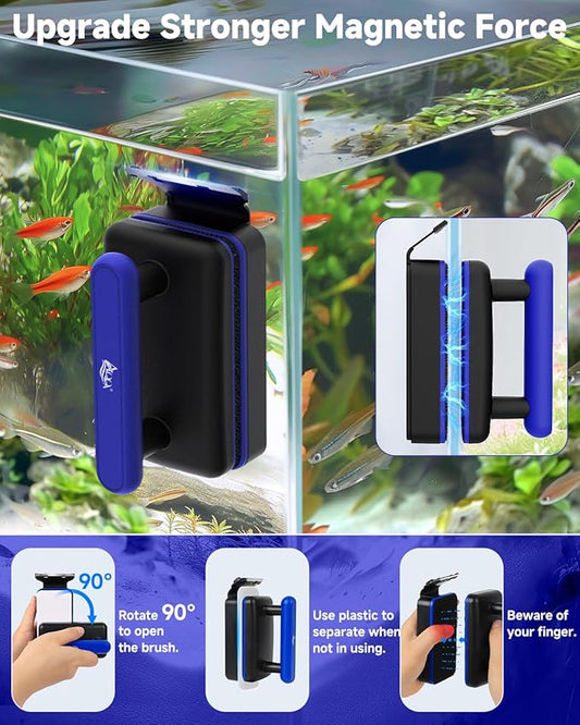AQQA Magnetic Aquarium Fish Tank Glass Cleaner, Dual-Blades Algae Scraper Glass Cleaner Scrubber, Double Side Floating Aquarium Magnetic Brush for 0.2-0.6 Inch Thick Glass Aquariums Tank