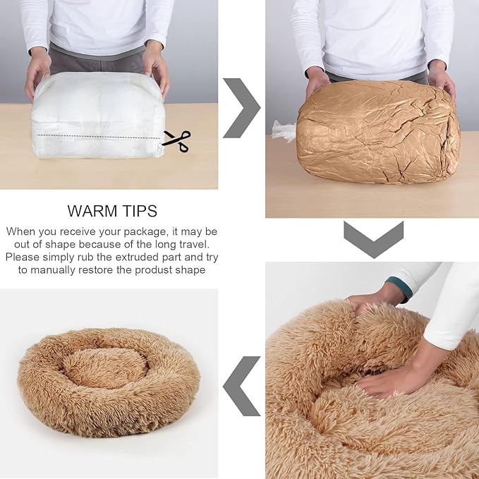 Dog Bed, Cat Calming Bed, Faux Fur Pillow Pet Donut Cuddler Round Plush Bed for Large Medium Small Dogs and Cats, Pet Bed(44"x44"(Pack of 1), Camel)