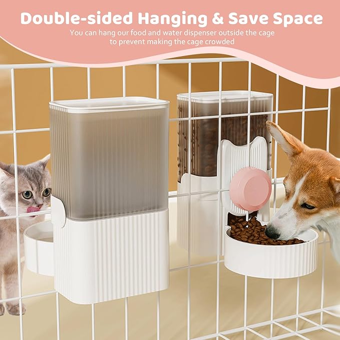 Hanging Cage Automatic Food Water Dispenser, Detachable Auto Gravity 1L Self-Feeding Feeder and Waterer Set, Crate Auto Feeder Dish for Puppy Cats Ferret Bunny Guinea Pig Small Pets (Pink)