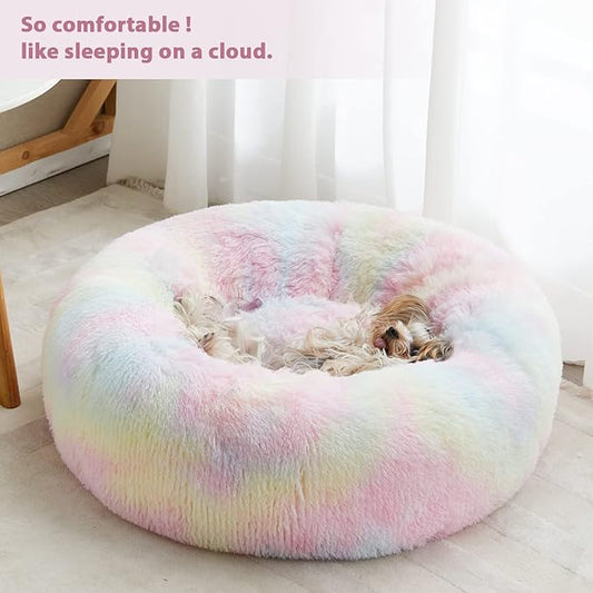 WNPETHOME Calming Dog Bed Cat Bed Donut, Faux Fur Pet Bed Self-Warming Donut Cuddler, Comfortable Round Plush Dog Beds (20 x 20 x 8 Inch, Rainbow)