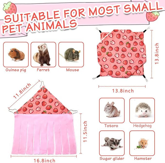LEFTSTARER Pet Small Animal Hanging Hammock Ferret Bunkbed Hammock Cage Toy for Hamster Rat Sugar Glider Parrot Guinea Pig Hideout Play Sleep (Strawberry Hammock and Corner Hideout)