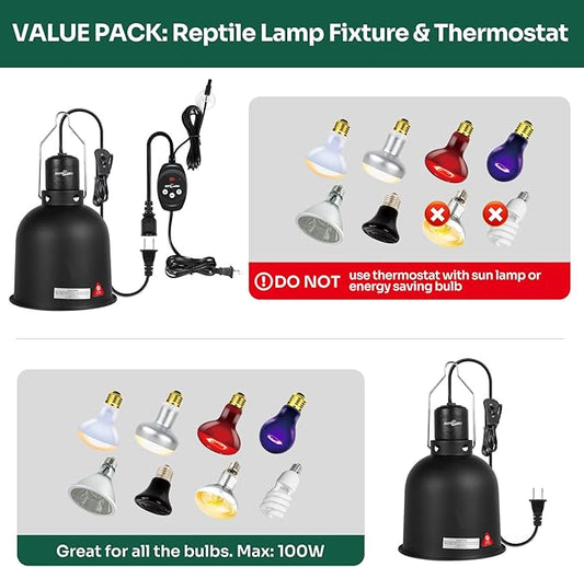 REPTI ZOO Reptile Light Fixture Dimming Thermostat Combo Pack, 5.5 Inch Deep Dome Lamp Fixture Max 100W, PID Reptile Thermostat Temperature Controller for Reptile Heat Lamp Bulb