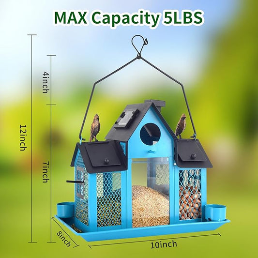 Solar Bird Feeders House for Outside Hanging, Metal Wild Bird Feeder for Outdoors, Large Cardinal Bird Feeder Birdhouses Squirrel Proof (Blue)