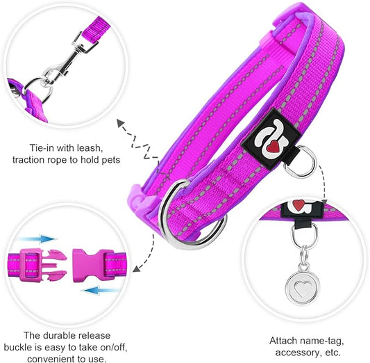 azuza Reflective Dog Collar,Soft Neoprene Padded Pet Collar with ID Tag Ring,Adjustable for Puppy and Small Dogs,Purple,XS