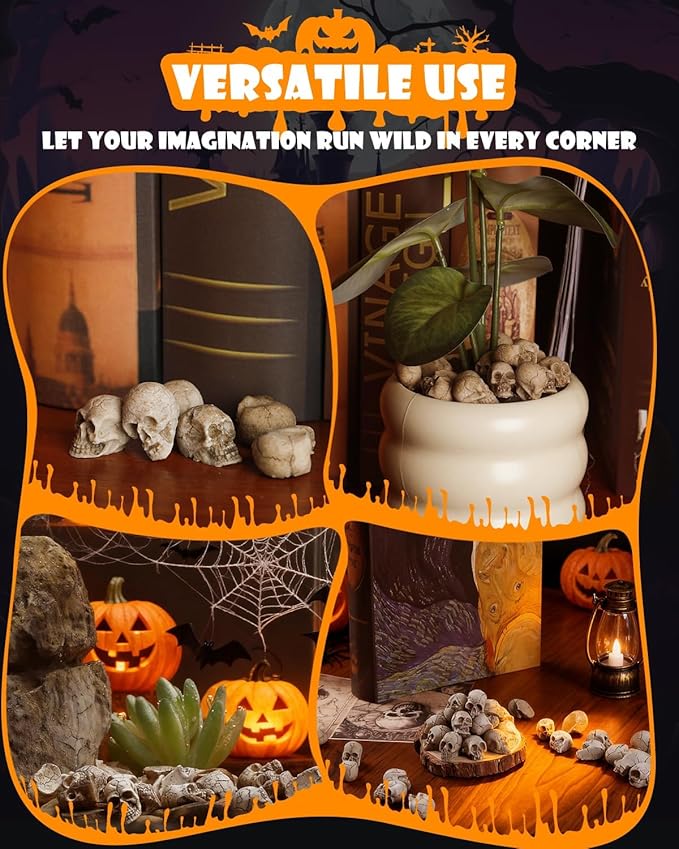 Uniclife 40 Pcs Halloween Mini Skull Decorations, Halloween Fish Tank Decor, Realistic Resin Mini Skulls Figurines for Party Crafts Bar Home, Vase Fillers, Miniature Skeleton Head Table Decor