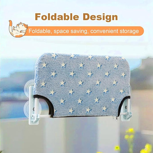 Foldable Cat Window Perch Glow in The Dark Cat Hammock Cordless Cat Bed with 4 Strong Suction Cups Warm Soft Zipper Cushions Cat Seats Indoor for Large Cats (Stars, Large)