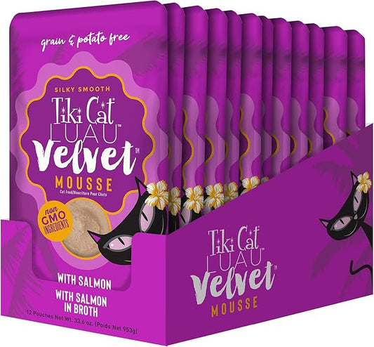 Tiki Cat Luau Velvet Mousse, Salmon in Broth, Complete Nutrition for Balanced Diet, Wet Cat Food For All Life Stages, 2.8 oz. Pouch (Pack of 12)