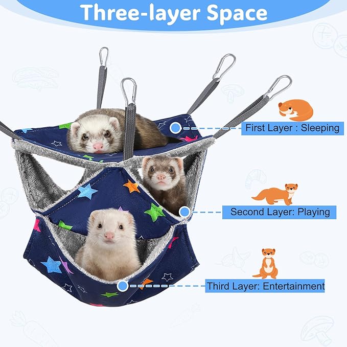 Glittme 3-Layer Ferret Hammock Soft Guinea Pig Hammock Washable Rat Hammock Hamster Cage Accessories Cozy Ferret Bed Toys for Small Animals Pet Sugar Glider