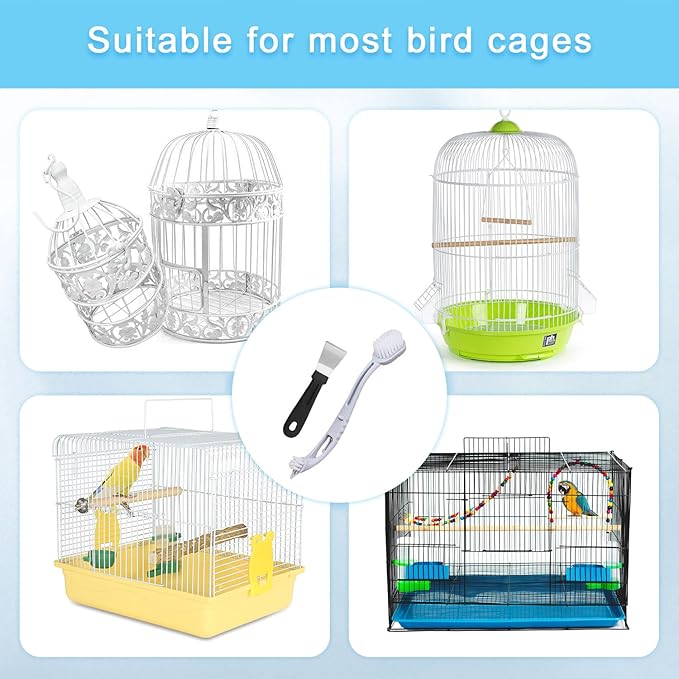 Bird Cage Cleaner Bird Cage Brush with Two Brush Heads Long Handle with Scraper for Cleaning Bird Parrot Cages Kennels Perches (Grey+Black)