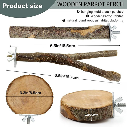 Natural Wood Bird Perches for Cage, Parrot Perch Stand & Platform, Bird Cage Accessories for Parakeets, Cockatiels, Conures, Lovebirds (Brown, Core Perch & Platform - 8PCS)