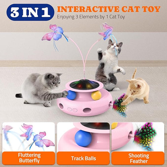 Interactive Cat Toy: 3 in 1 Automatic Cat Toy for Indoor Cats, Electric Kitten Toy with Rechargeable Battery, Self Play Kitty Toys with Rotating Fluttering Butterfly,Track Ball and Ambush Feather,Pink