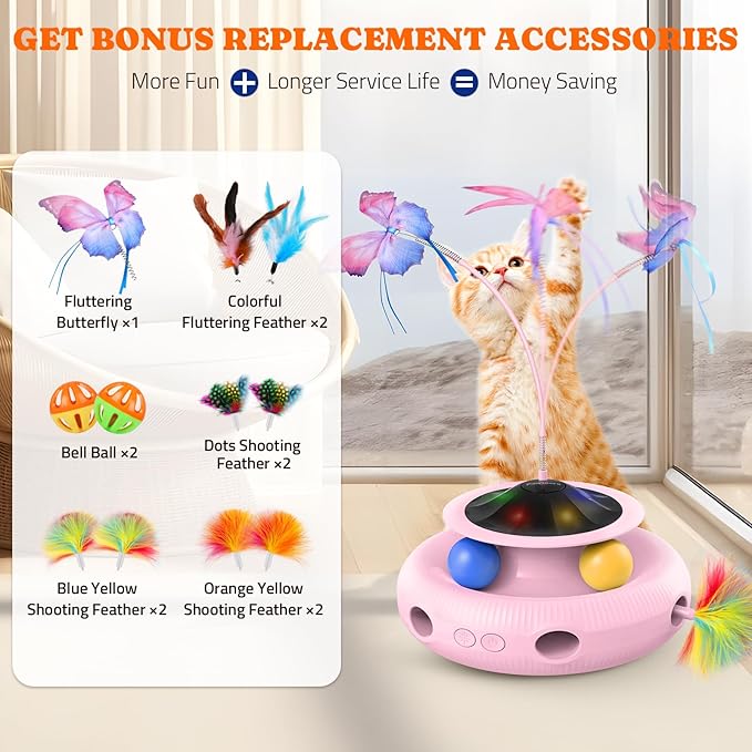 Interactive Cat Toy: 4 in 1 Automatic Cat Toy for Indoor Cats, Electric Kitten Toy with Rechargeable Battery, Self Play Kitty Toys with Fluttering Butterfly, Track Ball and Feather Pack, Pink