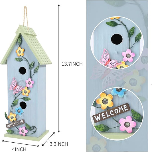 Yinns Hanging Birdhouse for Outdoor, Garden Decorative Wooden Bird House, Colorful Flower Two-Tiered for Hummingbird Small Bird