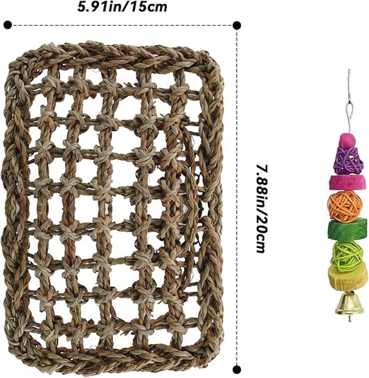 Bird Swing Toy Seagrass Mat, Natural Sea-Weed Woven Parrot Hammock Swing Bird Net Hammock Mat Climbing Swing Mat with Colorful Chewing Rope Toys for Parakeets, Budgie,Conure,Cockatiel,Lovebird