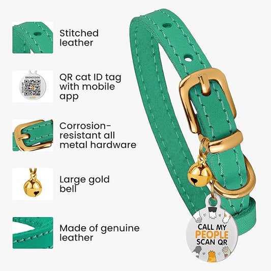 BRONZEDOG Leather Cat Collar with Removable Bells Non Breakaway Kitten QR Tag for Girl Boy (7" - 9" for Cats, Green & Gold)