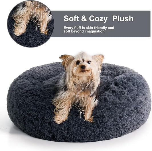 WNPETHOME Calming Dog Bed & Cat Bed, Anti-Anxiety Donut Small Dog Beds, Fluffy Faux Fur Cat Cushion Dogs Beds for Small Dogs and Cats (20 x 20 x 8 Inch, Navy Grey)