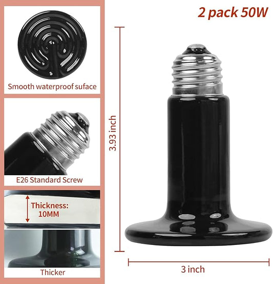 50W Ceramic Heat Emitter (2 Pack), Reptile Heat Lamp Bulbs, Ceramic Heater for Amphibian, Pet Brooder Coop, Chicken, Dog, Cat