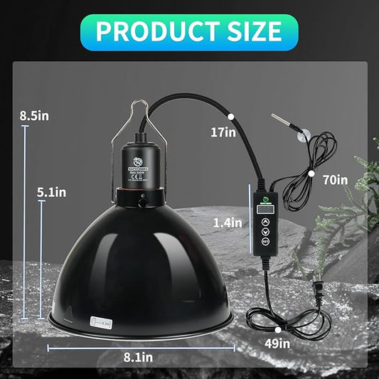 Reptile Light Fixture with Dimming Thermostat, 8.5 Inch Deep Dome Light Fixture with Timer, Reptile Aluminum Dome Fixture for Basking/Heat/UVA/UVB Lamp Bulb