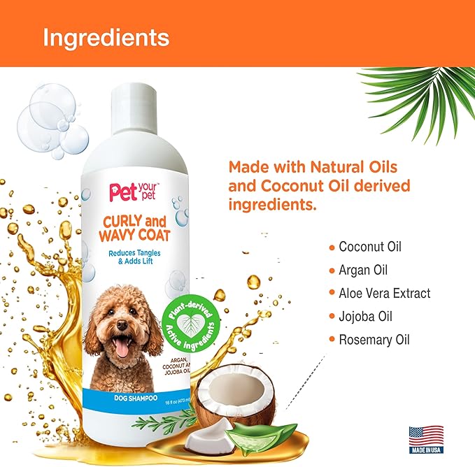 Natural Dog Shampoo for Curly & Wavy Coats – Hydrating & Tangle-Reducing Wash with Argan, Coconut & Jojoba Oils – Deodorizing for Poodles, Goldendoodles & Cocker Spaniels – 16 oz