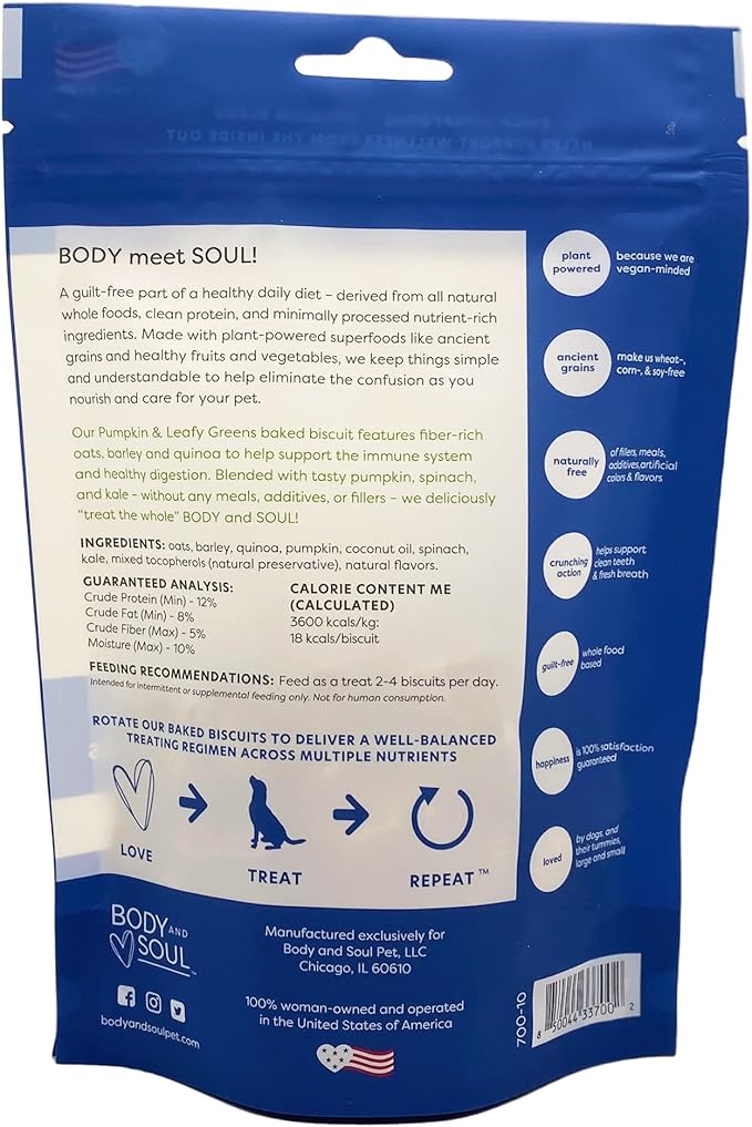 Body and Soul PB+A Berry Blend & P+LG Natural Crunchy Baked Dog Treats 10oz Multi (2 Pack Pumpkin + Leafy Greens)