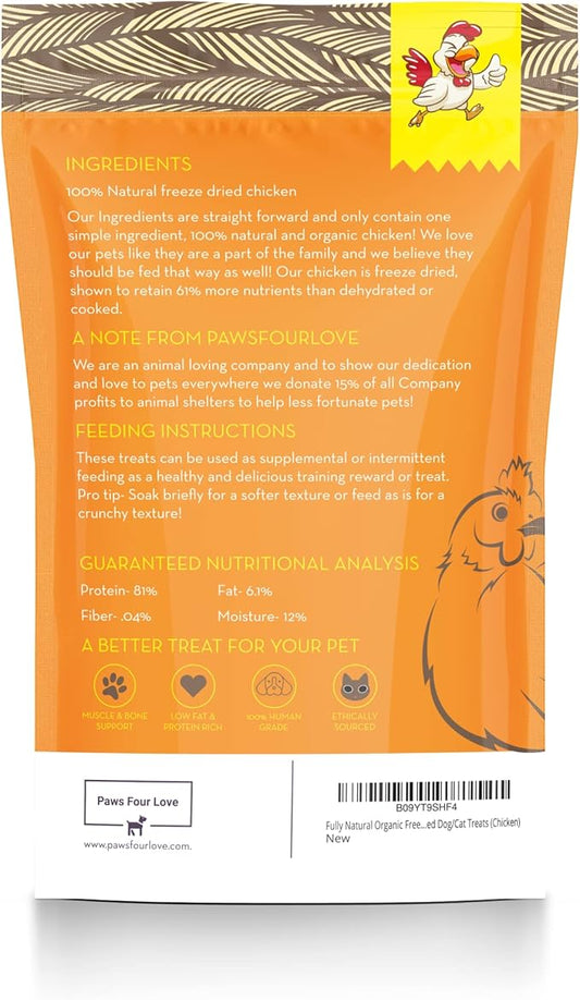 Organic Freeze Dried Dog & Cat Treats - Single Ingredient, Grain Free Food Toppers for Healthy Pets, No Fillers or Preservatives (1 Bag, Chicken)