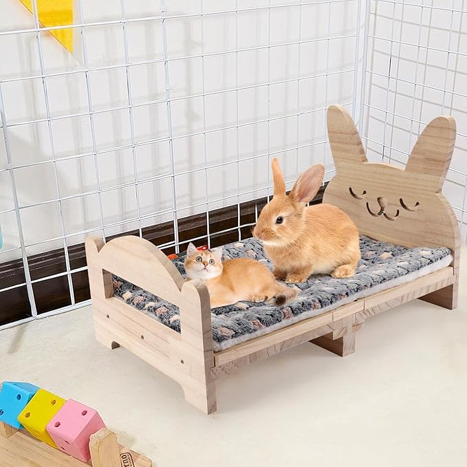 Large Wooden Rabbit Bed - Easy Assemble 20.4"x12.8" Pet Bed with Support Structure & Removable Cushion for Rabbits, Guinea Pigs, Kittens & Small Animals - Cozy Sleeping Habitat