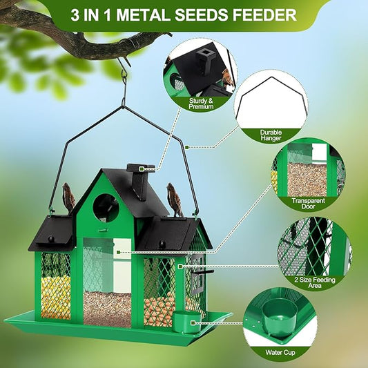 Solar Bird Feeders House for Outdoors Hanging, 7LBS Large Capacity Metal Wild Bird Feeder Squirrel Proof for Outside with Water Cup, Cardinal Birdfeeder Birdhouses Gift for Bird Lovers (Green)