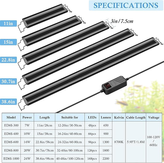 FEDOUR Aquarium LED Light, Full Spectrum Aquarium Plant Light with Timer, Extendable Metal Brackets, for Fish and Plant Tank (12-20 inch)