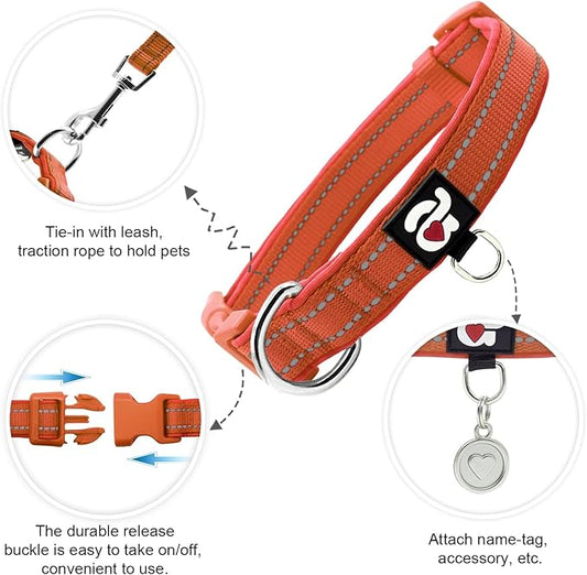 azuza Reflective Dog Collar, Soft Neoprene Padded Pet Collar with ID Tag Ring, Adjustable for Medium Dogs,Rust Red,M