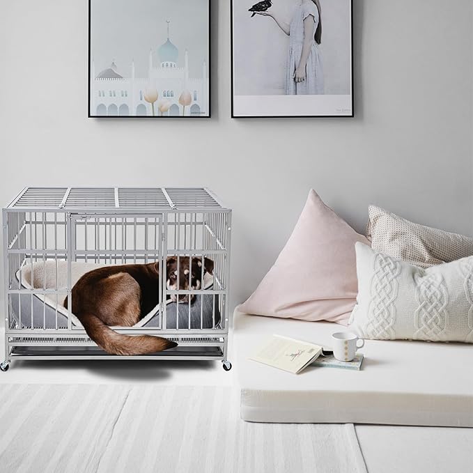 48 Inch Heavy Duty Dog Crate Cage Kennel with Wheels, Indestructible High Anxiety Dog Crate, Sturdy Locks Design, Double Door and Removable Tray Design, Extra Large XL XXL Dog Crate