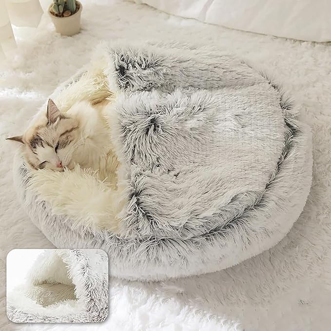 ShinHye Cozy Cat Bed - Round Plush Fluffy Hooded Cave, Indoor/Outdoor, Waterproof & Washable, Calming Anti-Anxiety Design - 23x23 Inch, Grey