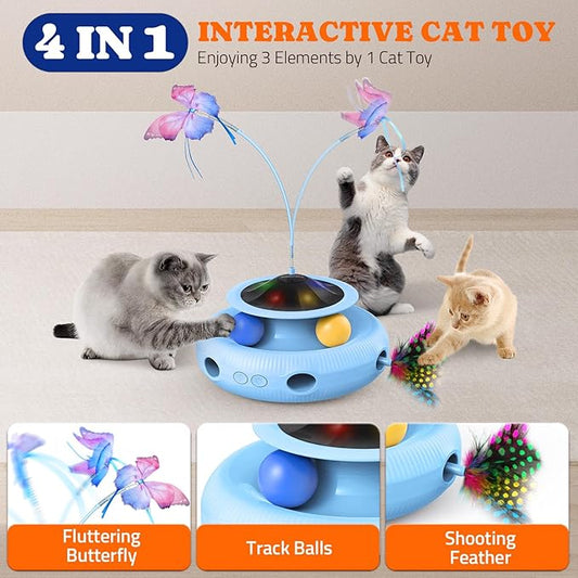 Interactive Cat Toy: 4 in 1 Automatic Cat Toy for Indoor Cats, Self Play Kitty Toy with Fluttering Butterfly, Track Ball and Feather Pack, Blue